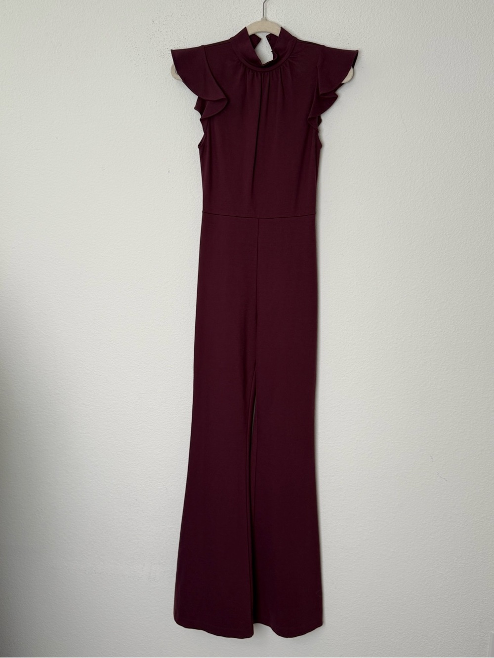 Amanda Uprichard Burgundy Ruffle Sleeve Wide Leg Jumpsuit XS Mock Neck